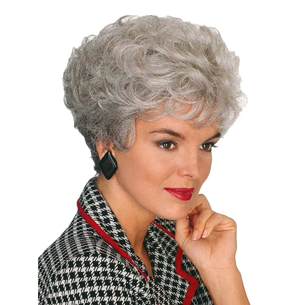 GNIMEGIL short gray wig for seniors close-up texture with soft, natural shine.