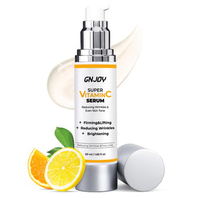 GNJOY Vitamin C Serum bottle closeup shows sleek packaging and refreshing citrus aroma.