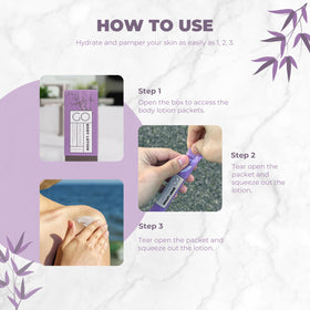 Go Essentials lavender chamomile lotion packet with calming aroma for relaxing routines.
