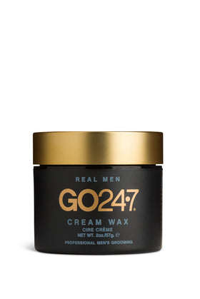 GO247 Cream Wax label highlights medium hold and natural matte finish for everyday styling