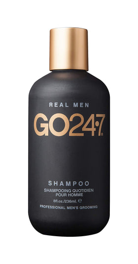 GO247 Daily Shampoo bottle front view, gentle daily cleanse for men