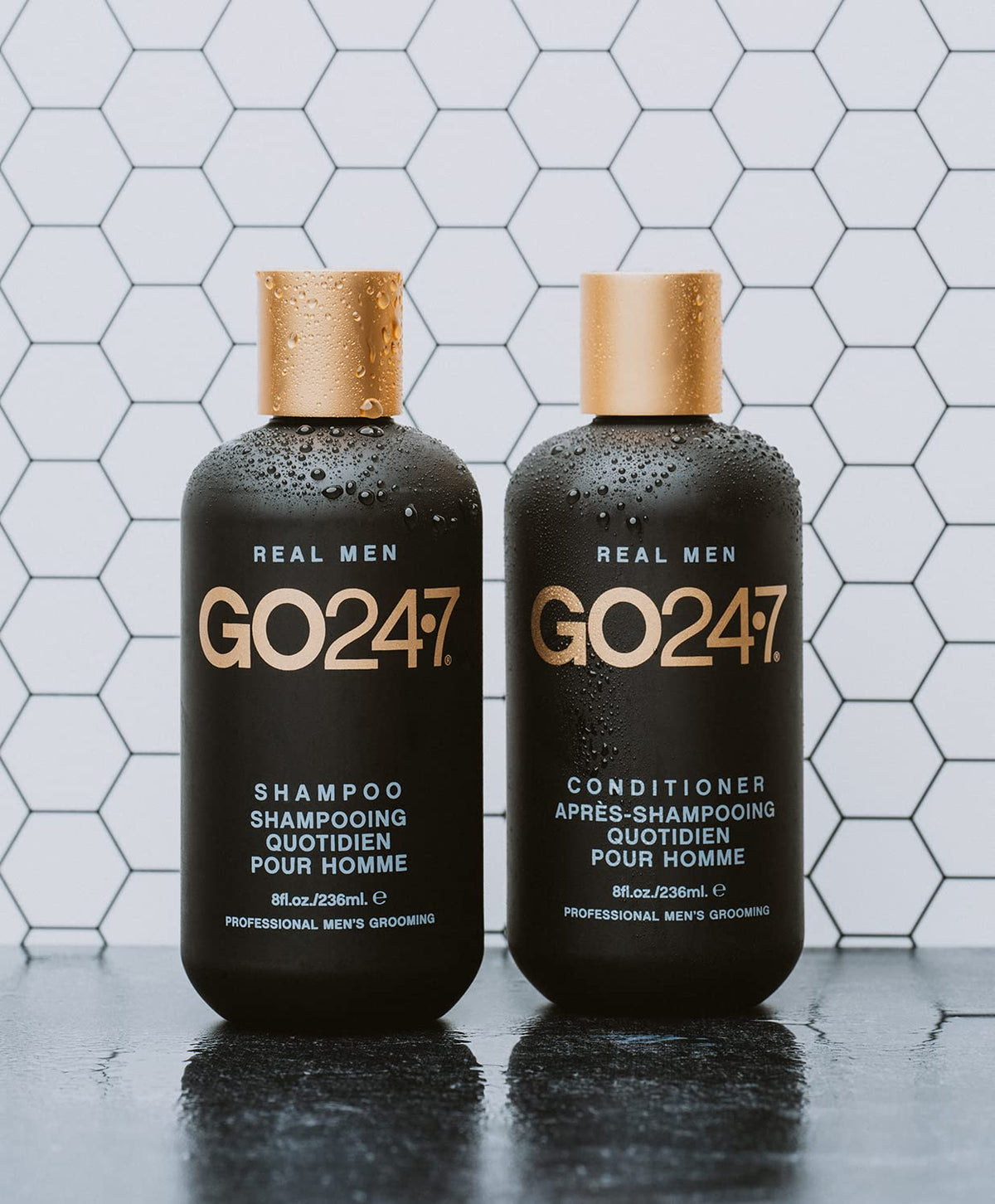 GO247 Daily Shampoo packaging on shelf, modern travel-friendly design