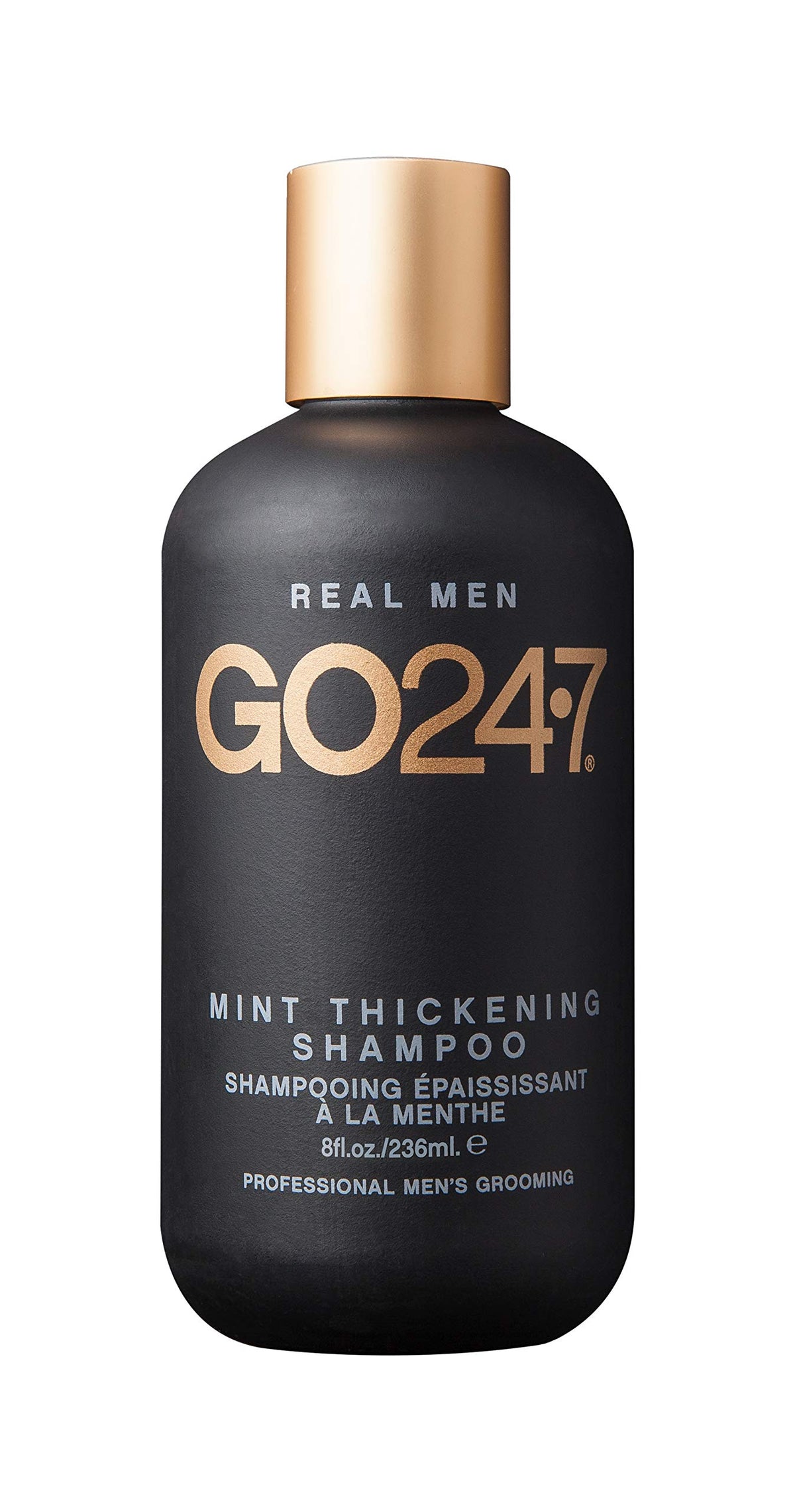 GO247 Mint Thickening Shampoo bottle close-up with scalp soothing peppermint scent.