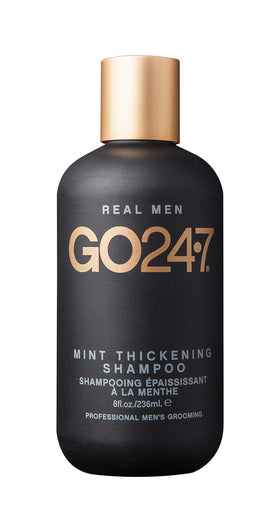 GO247 Mint Thickening Shampoo bottle close-up with scalp soothing peppermint scent.