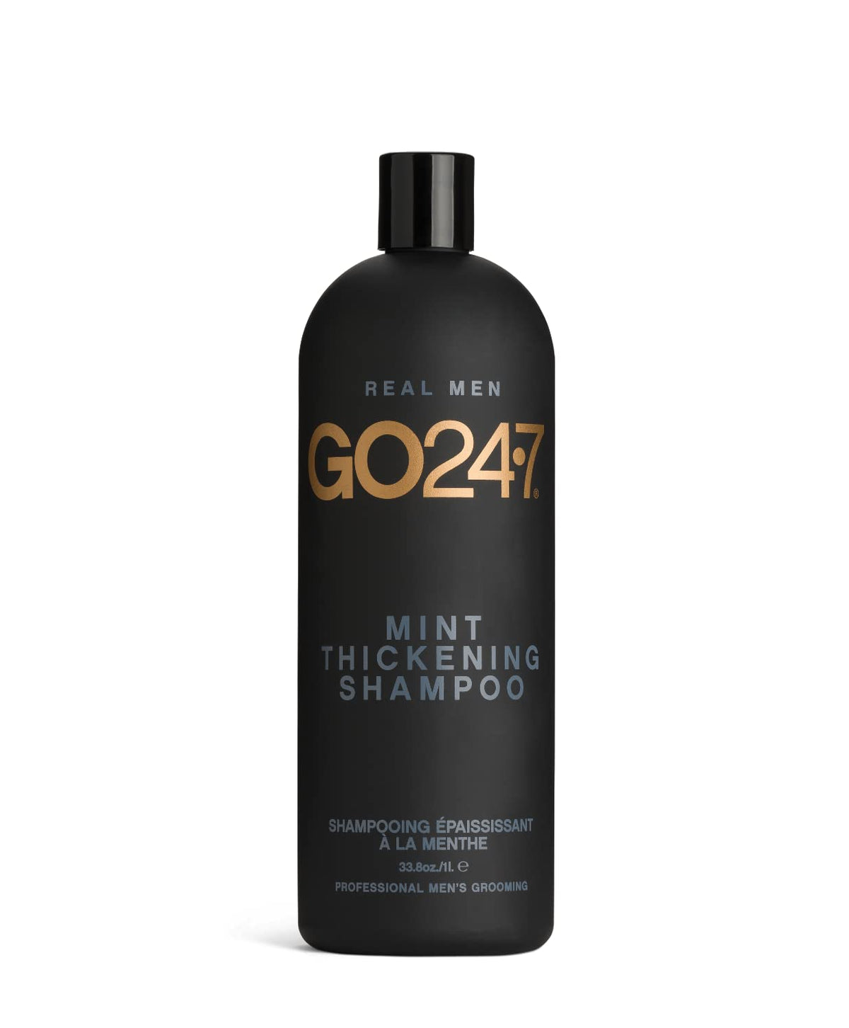 GO247 Mint Thickening Shampoo bottle highlights a refreshing mint formula for daily cleansing.