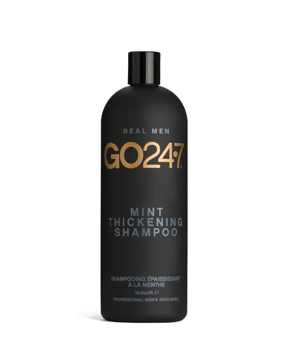 GO247 Mint Thickening Shampoo bottle highlights a refreshing mint formula for daily cleansing.