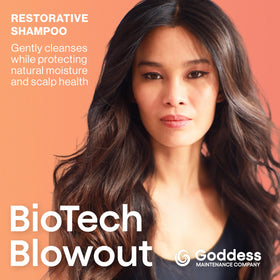 Biotech Restorative Shampoo label closeup highlighting vegan, paraben-free formula