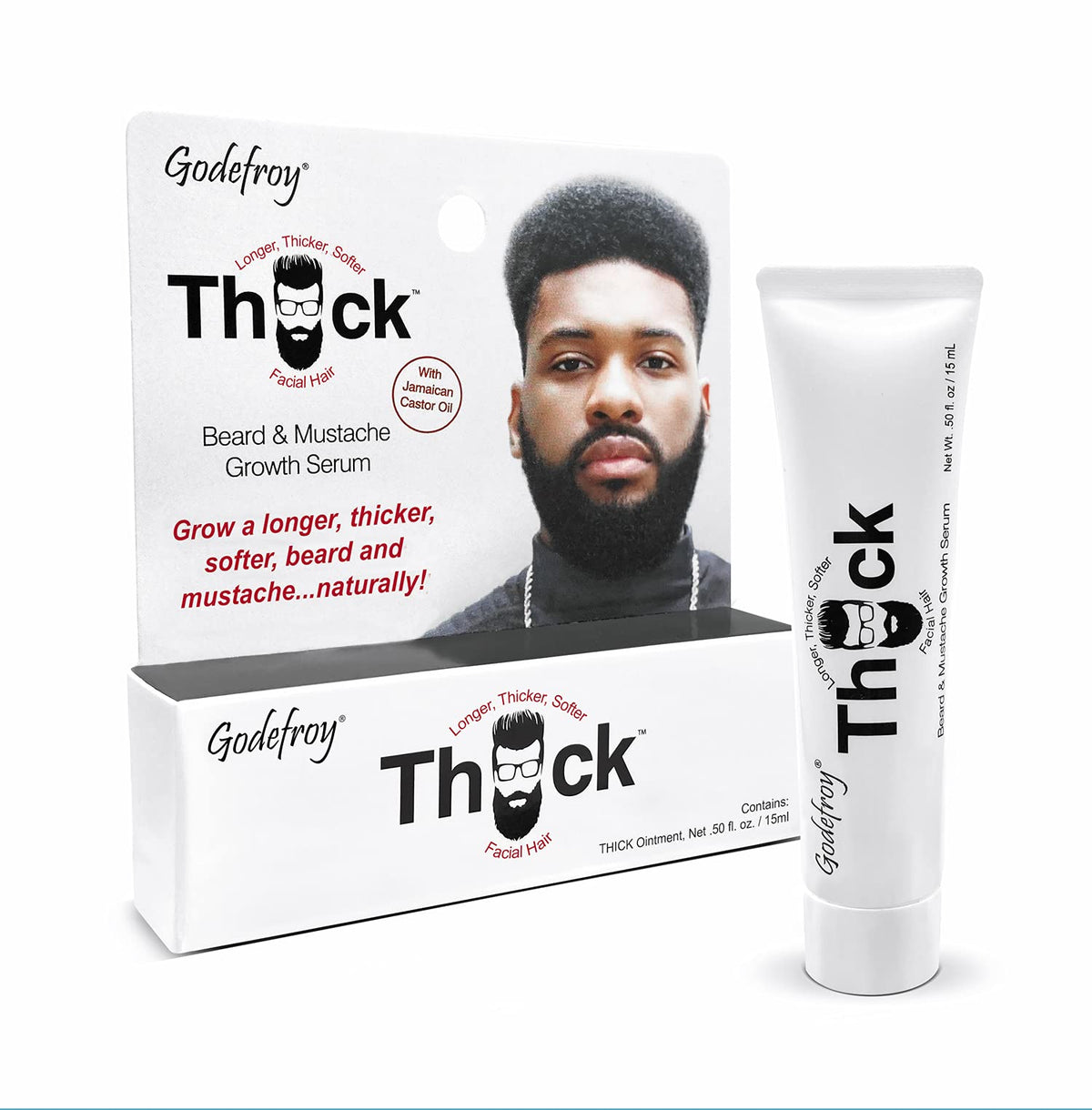Godefroy Thick Beard Serum bottle for ethnic facial hair care and nourishment.