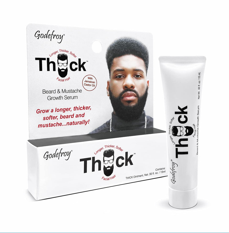 Godefroy Thick Beard Serum bottle for ethnic facial hair care and nourishment.