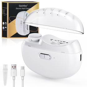 Goinfos Electric Nail Clipper 3-in-1 design showing trimming, filing, and debris collection