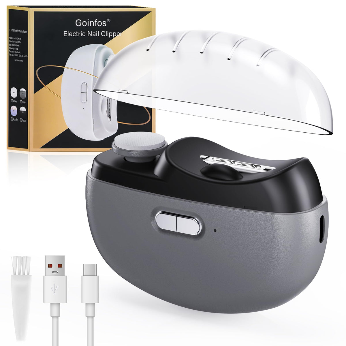 Goinfos electric nail clipper 3-in-1 with LED light for precise trimming.