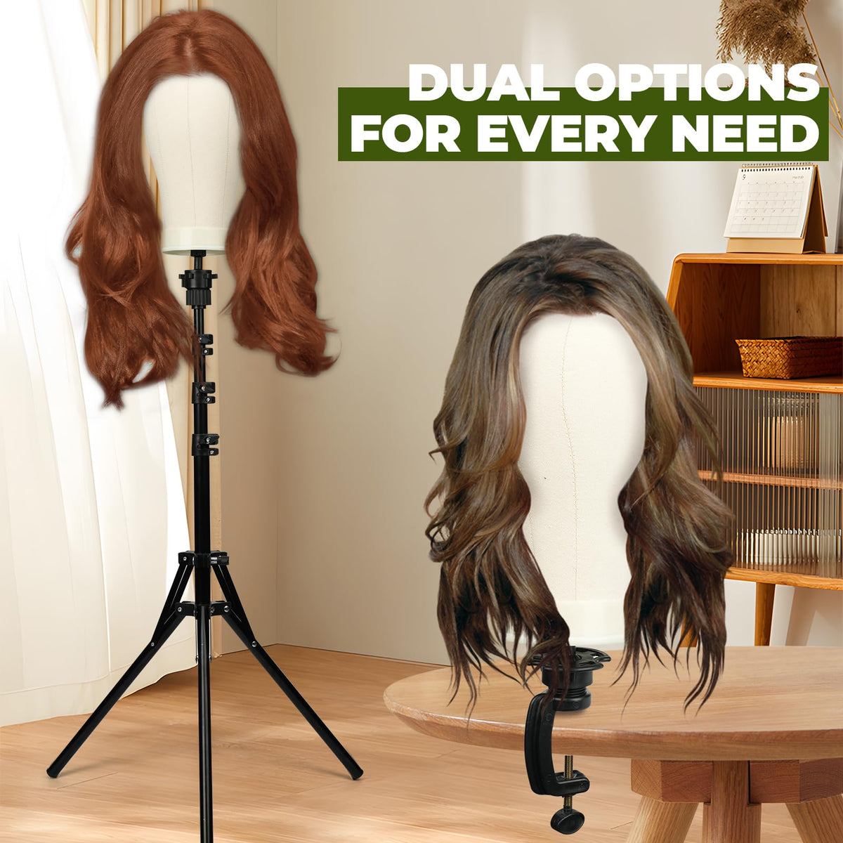 Goiple adjustable wig stand height at eye level for comfortable styling