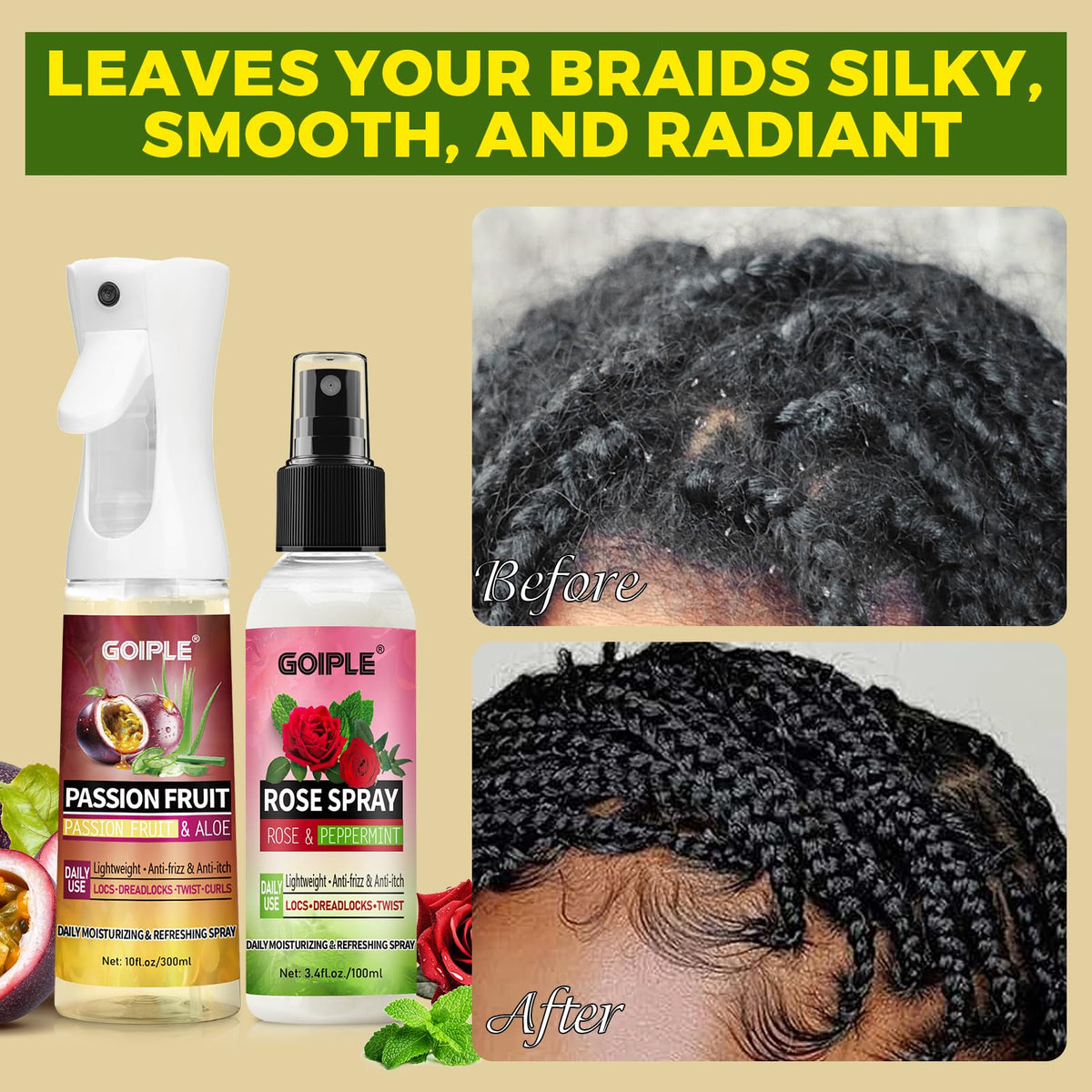 Goiple Braids-interlocks spray supports longer life of protective styles