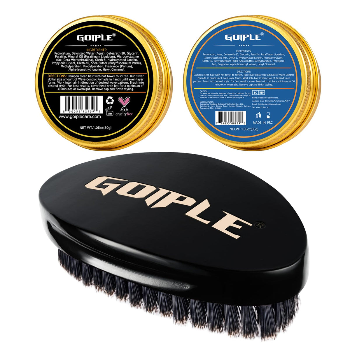 Goiple curved 360 wave brush travels in gym bag for quick touch-ups.