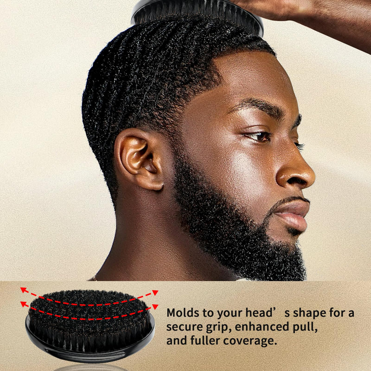 Goiple travel-size curved 360 wave brush fits in bags for on-the-go grooming.