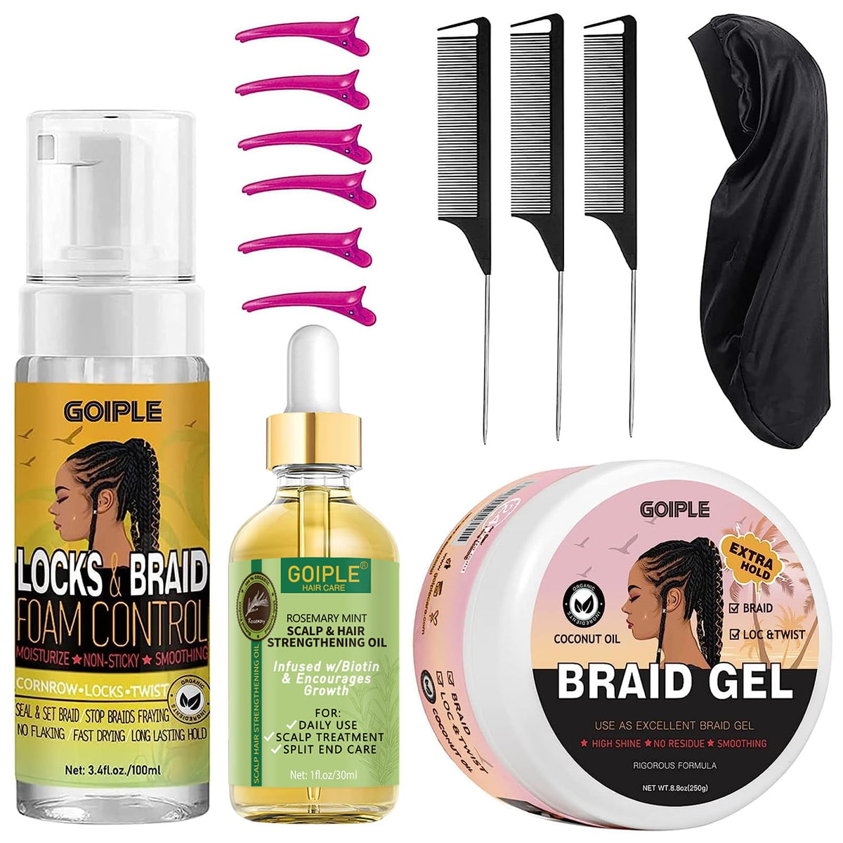 Goiple Extra Hold Braid Mousse bottle shows smooth texture for lasting braids.