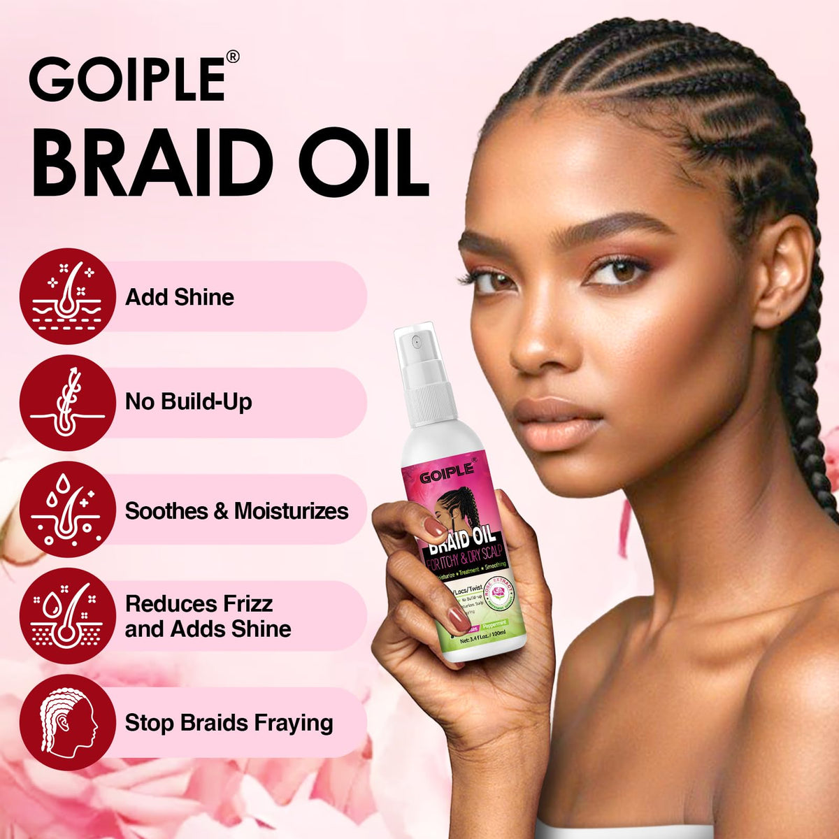 Goiple Frizz-control spray smooths flyaways for defined braids