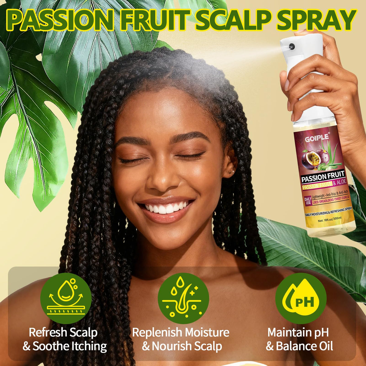 Goiple Passion-fruit spray cools the scalp without leaving residue