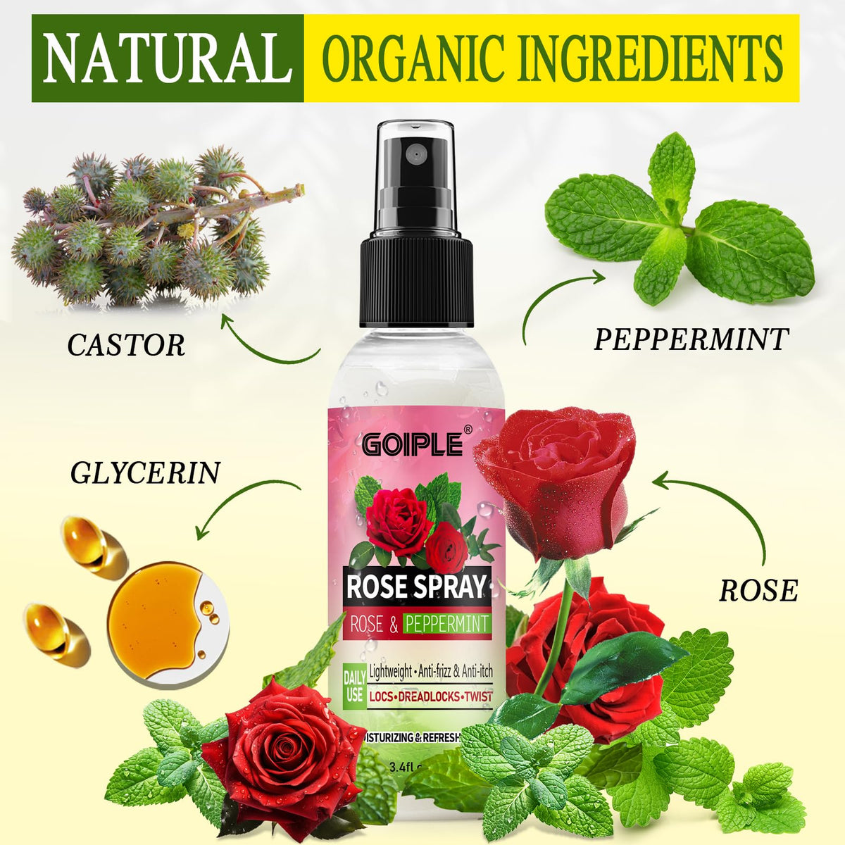 Goiple Rose-water spray delivers shine and frizz reduction for defined styles