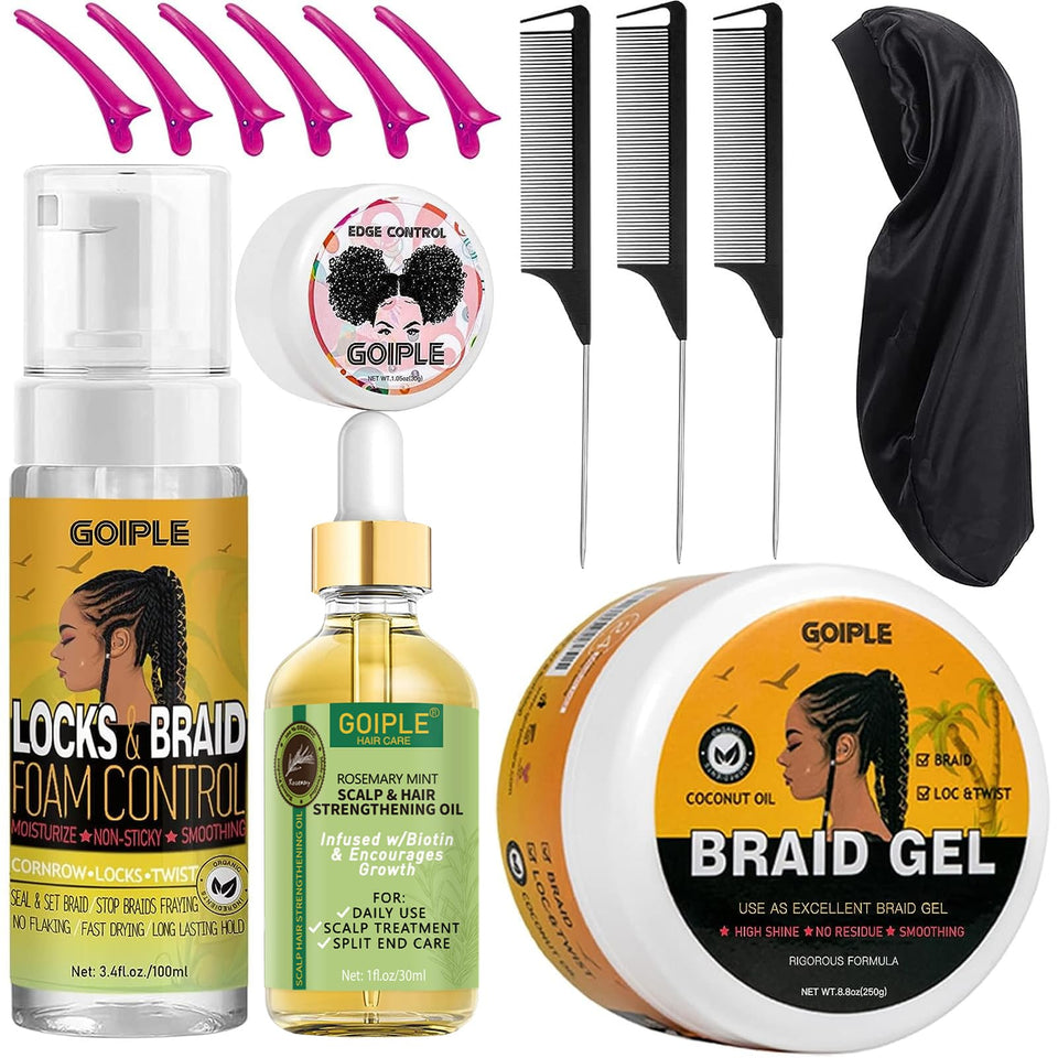 Goiple Strong Hold Braiding Gel packaging showing complete styling kit for easy styling