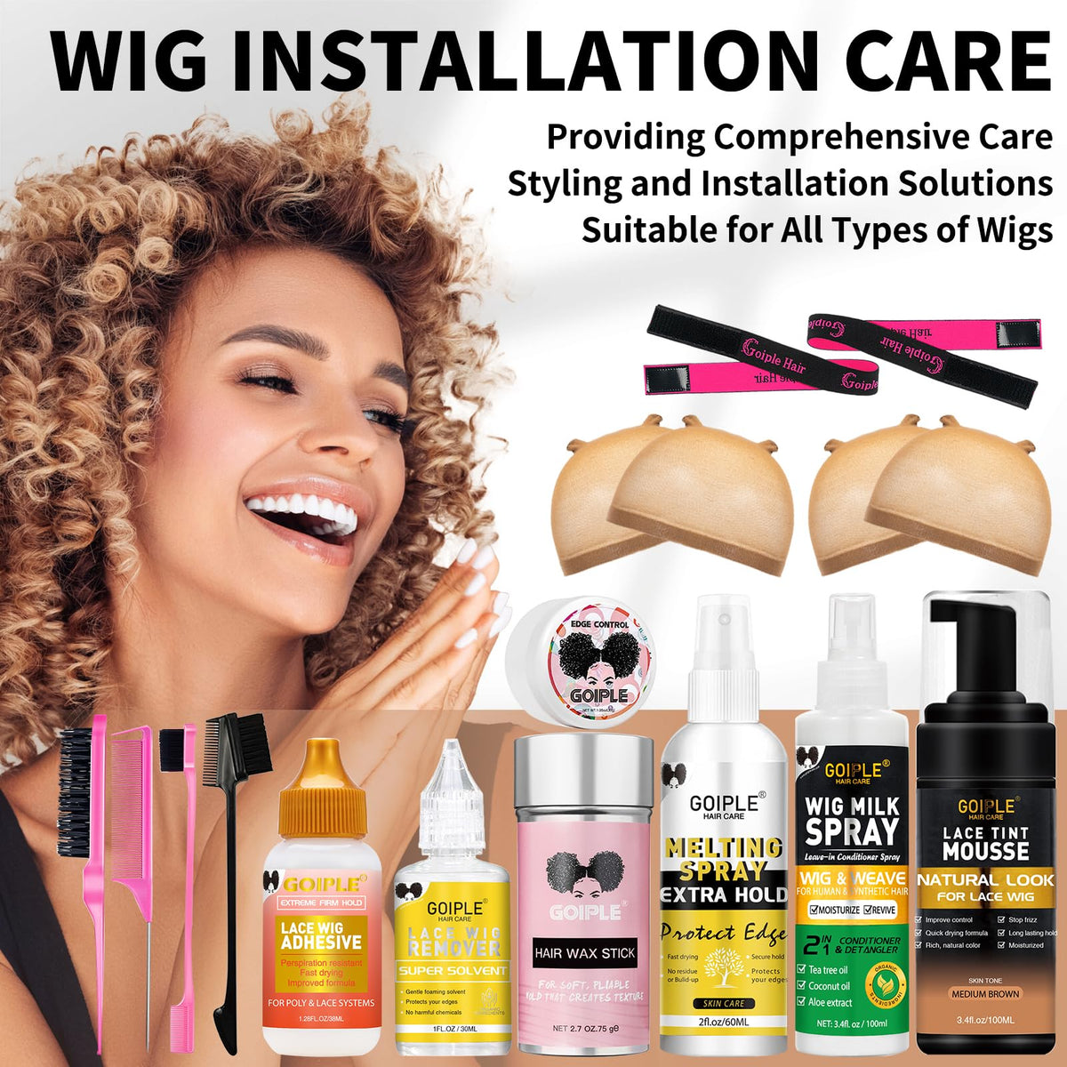 Goiple wig bands and tools bundle aiding secure wear and stylish upkeep