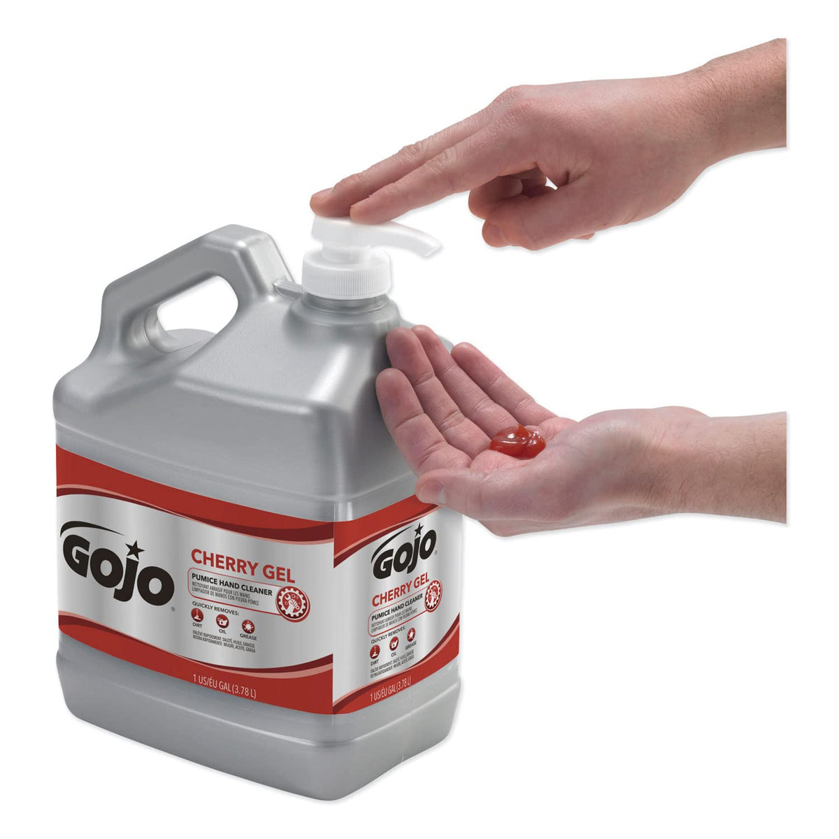 GOJO Cherry Gel Pumice bottle dispensing gel that clings to hands