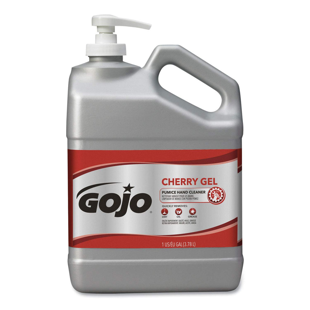 GOJO Cherry Gel Pumice Hand Cleaner pump bottle showing heavy-duty cleaning
