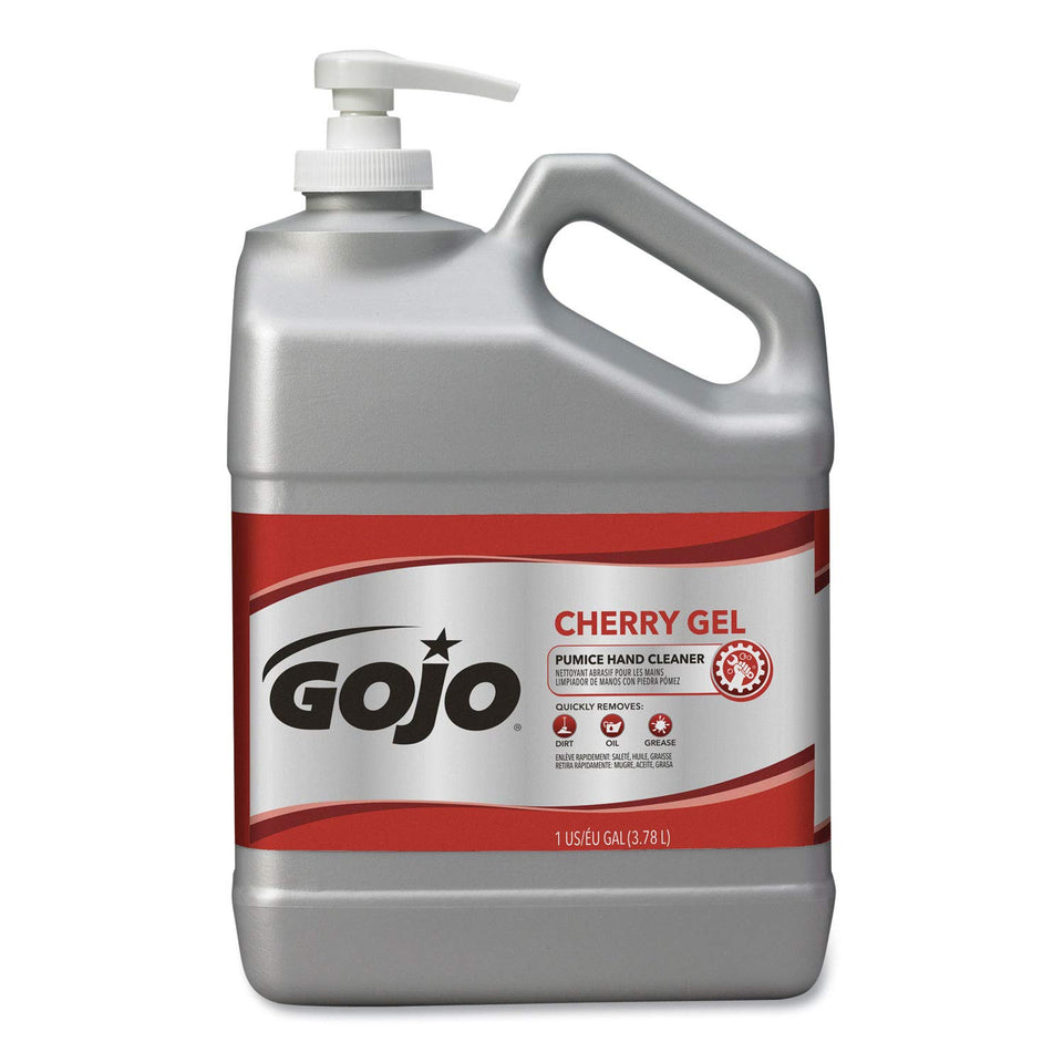 GOJO Cherry Gel Pumice Hand Cleaner pump bottle showing heavy-duty cleaning