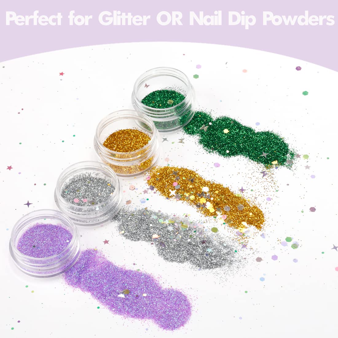 GOLACKY glitter, beads, and powder stored in compact transparent jars.