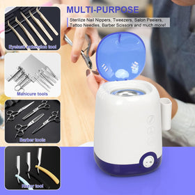 GoLashFun sterilizer holds tweezers inside for disinfection.