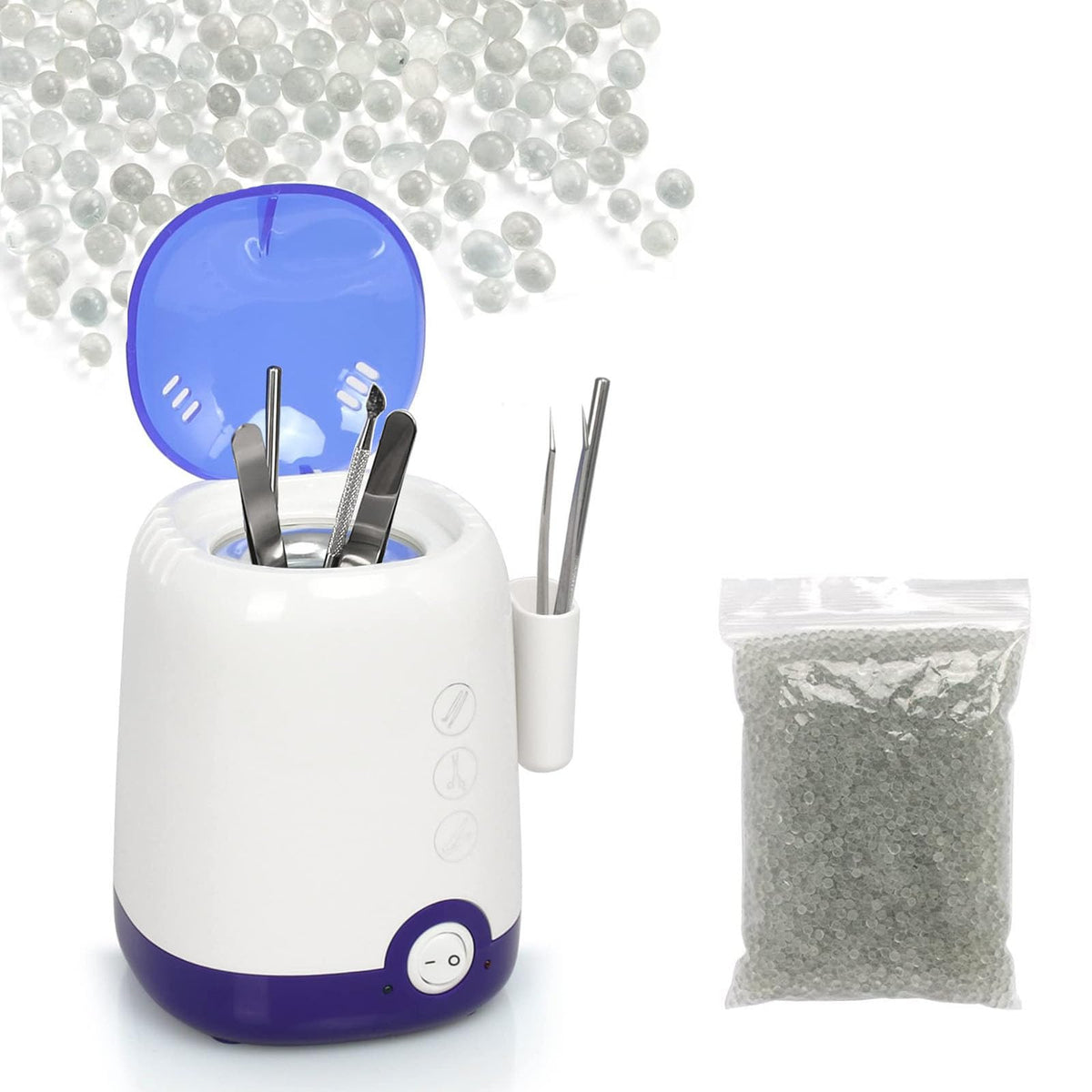 GoLashFun nail tool sterilizer in white with glass beads for quick dry heat.