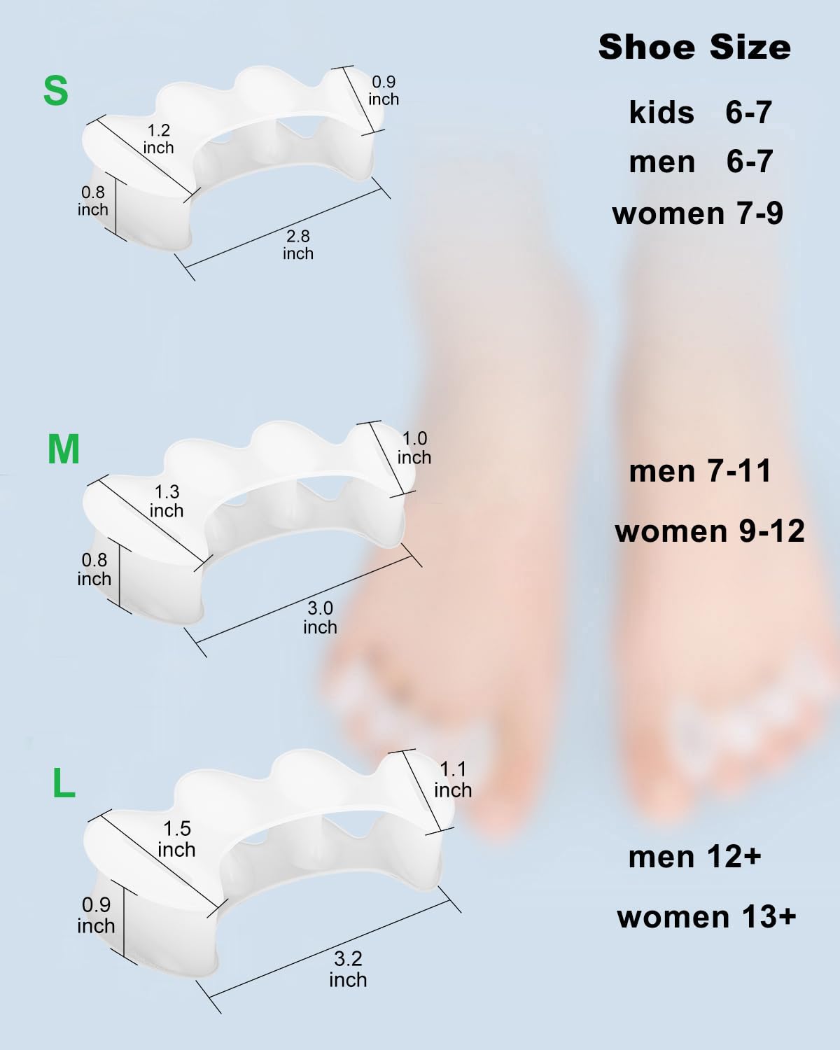 Golbylicc toe separators in use for realignment and relief.