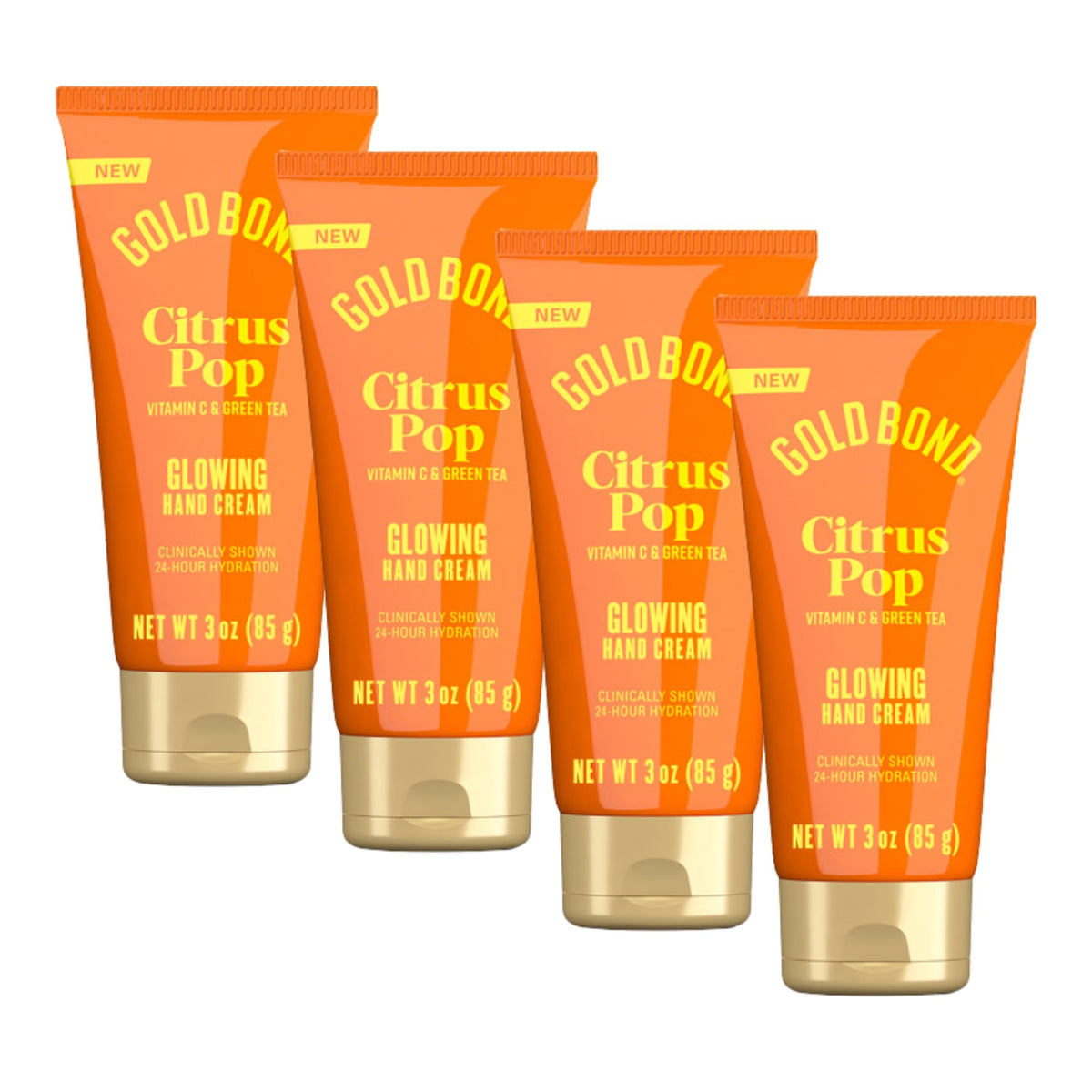 Gold Bond Citrus Pop Glowing Hand Cream 4-pack displayed for travel and gifting, on-the-go moisture.