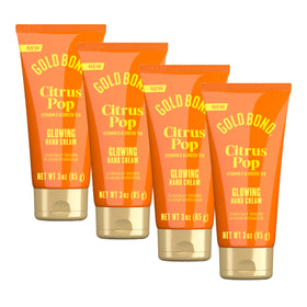 Gold Bond Citrus Pop Glowing Hand Cream 4-pack displayed for travel and gifting, on-the-go moisture.