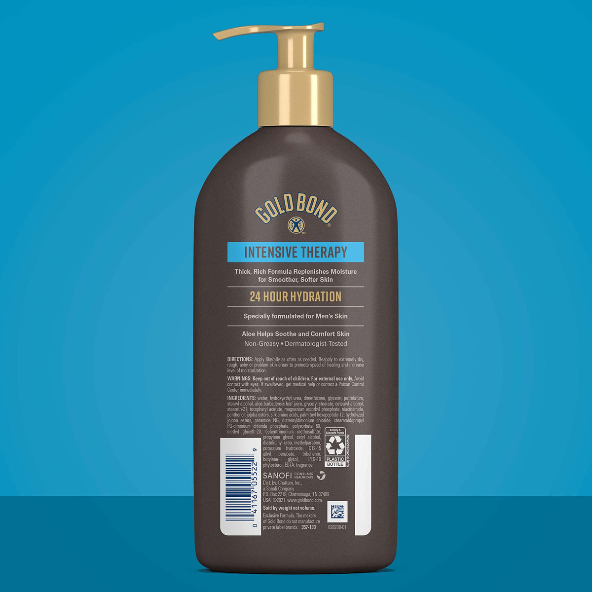 Gold Bond Men's Essentials vitamin blend with B, C, and E for skin vitality.