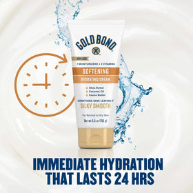 Gold Bond Softening Hydrating Cream packaging highlights dermatologist-tested formulation.