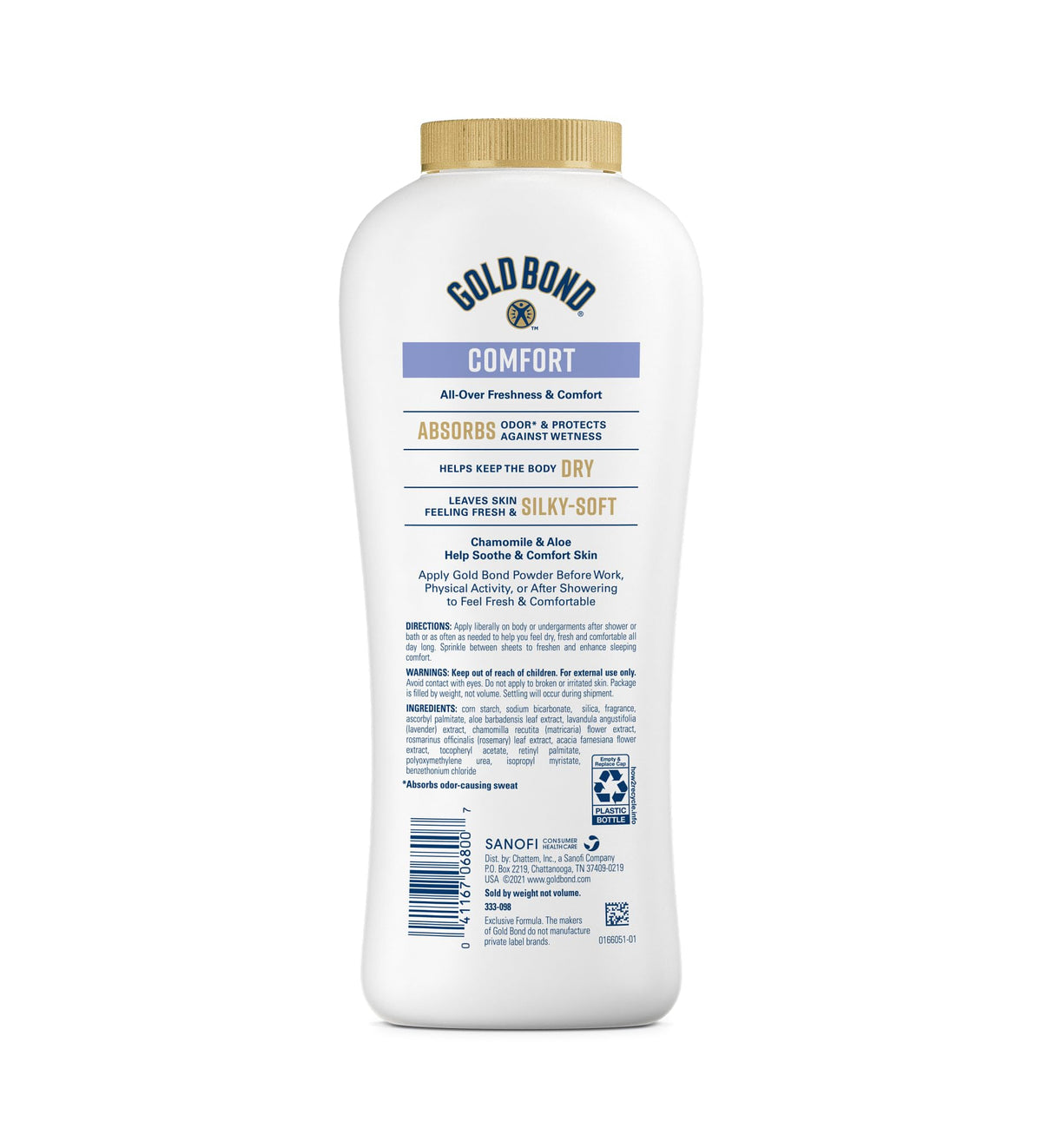 Gold Bond Ultimate Comfort Body Powder 3-pack back view showing talc-free formula.