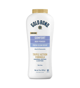 Gold Bond Ultimate Comfort Body Powder 3-pack front view with moisture-control packaging for all-day freshness.