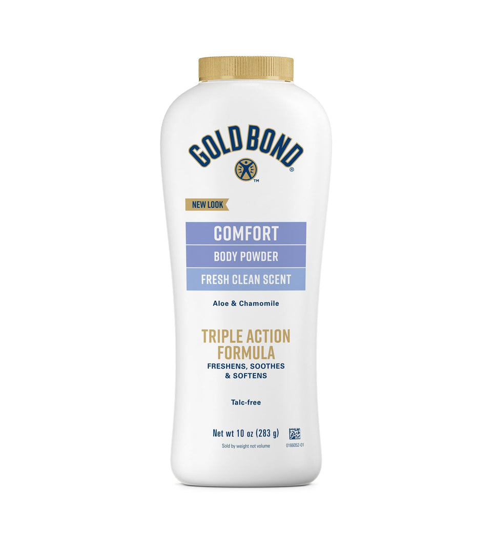Gold Bond Ultimate Comfort Body Powder 3-pack front view with moisture-control packaging for all-day freshness.