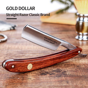 Gold Dollar straight razor close-up blade highlighting sharp edge for ready use.