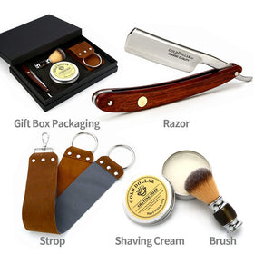 Gold Dollar straight razor shaving cream included for smooth lathering.