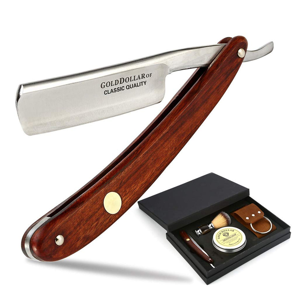 Gold Dollar straight razor with wooden handle for a classic daily shave.