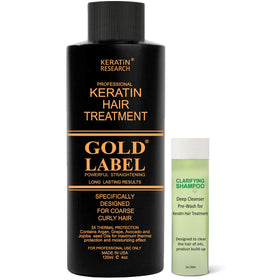 Gold Label keratin 120ml bottle on display for frizz control and shine.