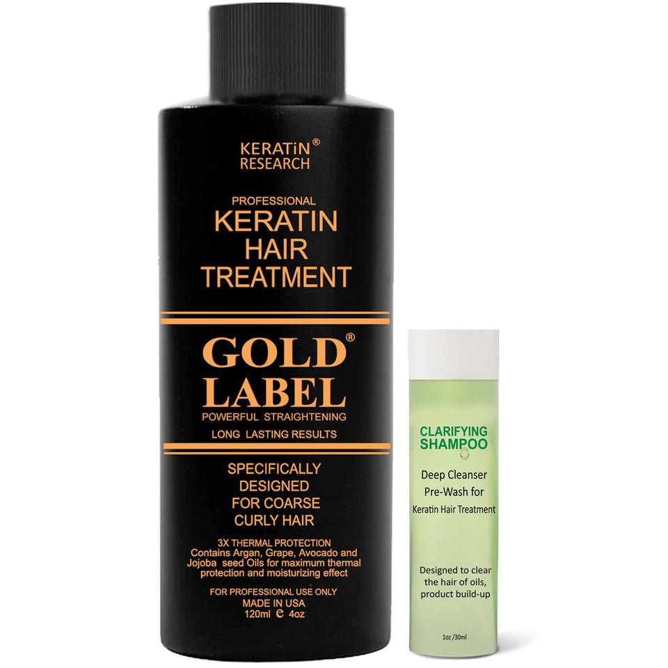 Gold Label keratin 120ml bottle on display for frizz control and shine.