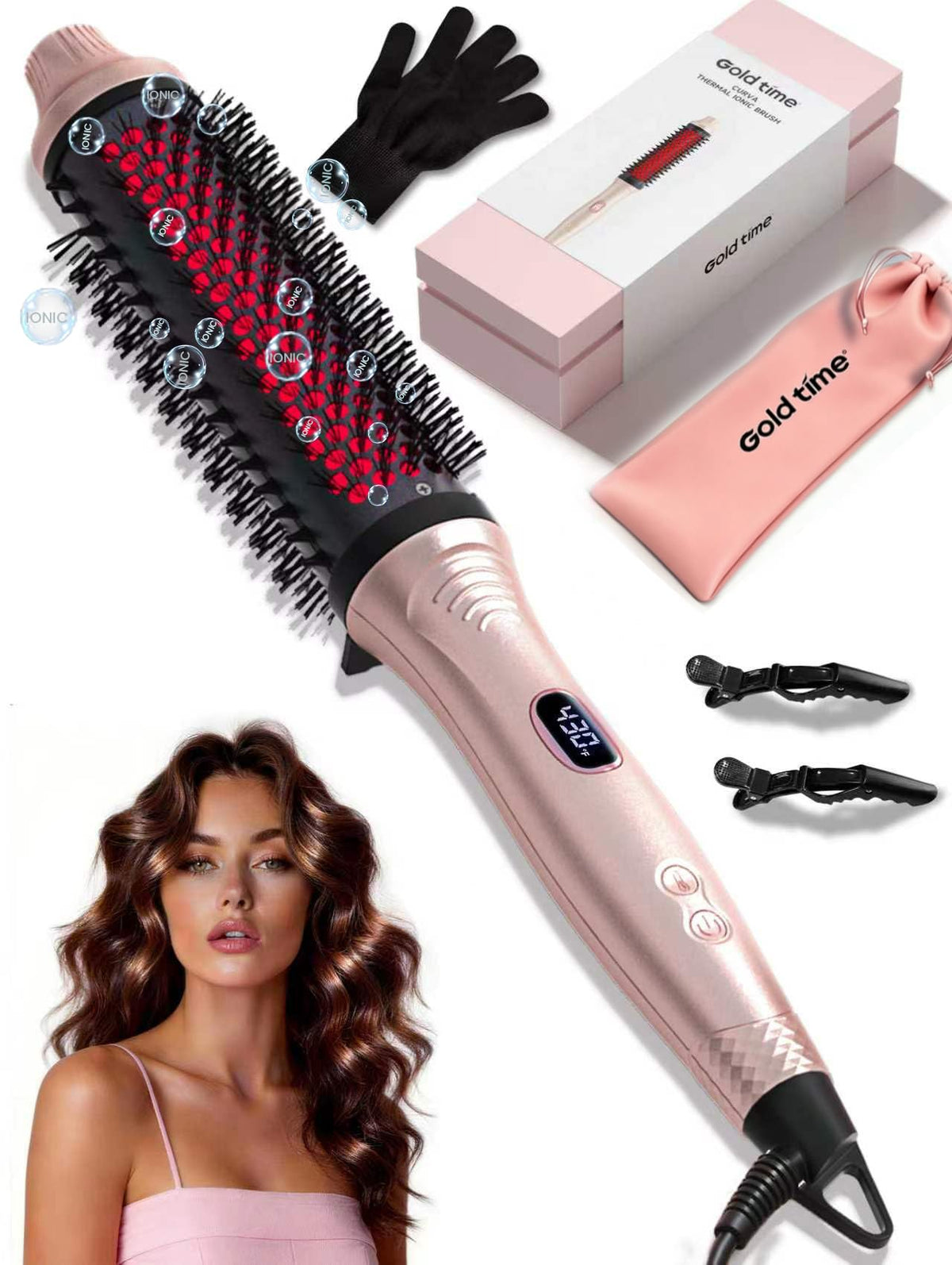 GOLD TIME infrared thermal brush front view showing frizz control and shine.