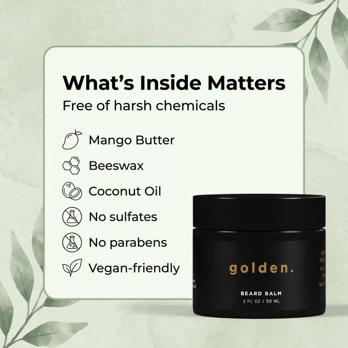 Golden Grooming Beard Balm packaging on display signals premium natural ingredients