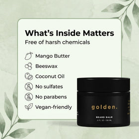 Golden Grooming Beard Balm packaging on display signals premium natural ingredients
