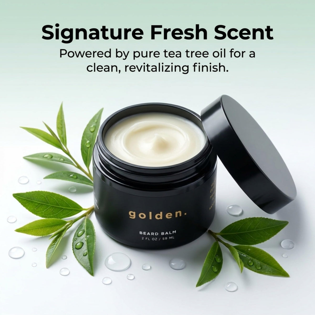 Golden Grooming Beard Balm tea tree scent implies refreshing grooming moment