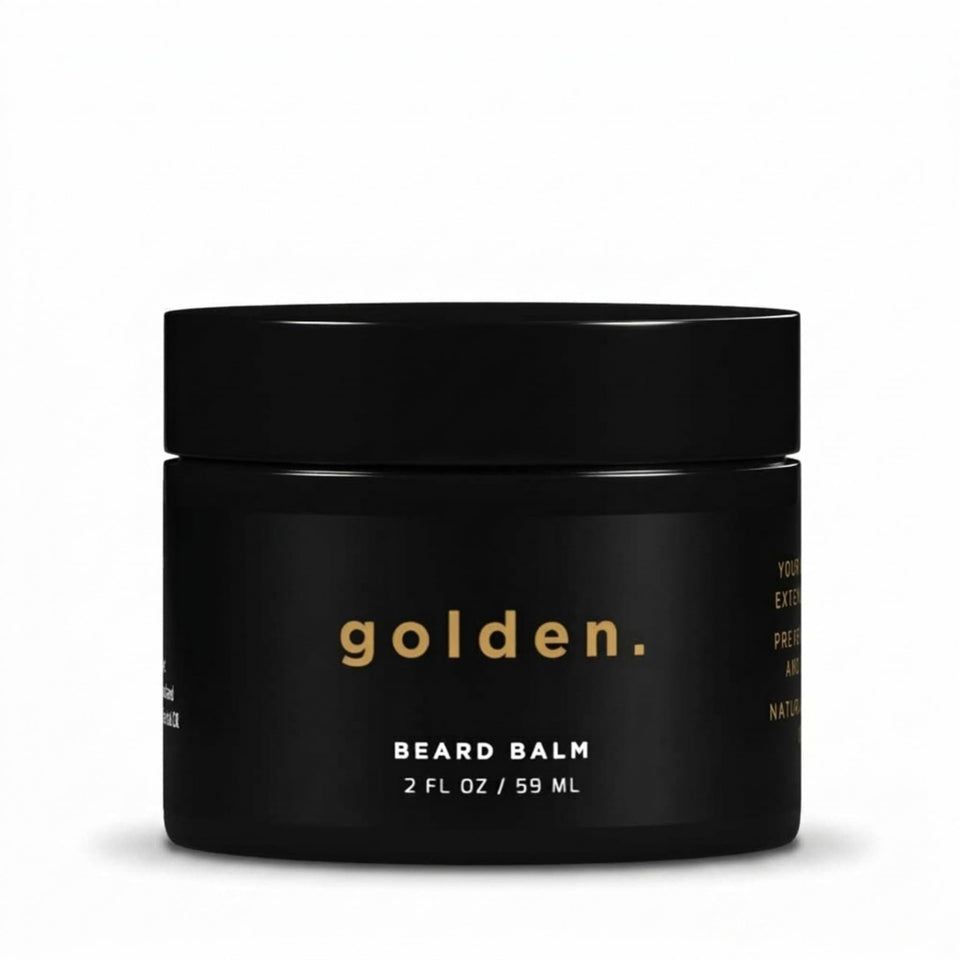 Golden Grooming Beard Balm tin closeup shows rich formula for soft beard