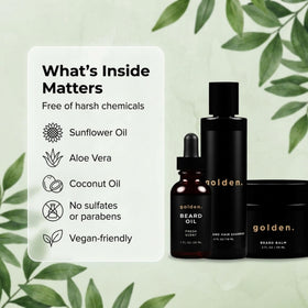 Golden Grooming Beard Bundle oil bottle providing lightweight hydration for flyaway control